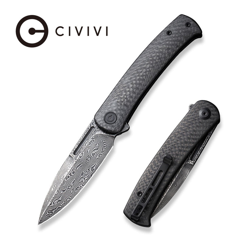 CIVIVI Caetus Flipper Knife Twill Carbon Fiber Handle (3.48" Black Hand Rubbed Damascus Blade) C21025C-DS1