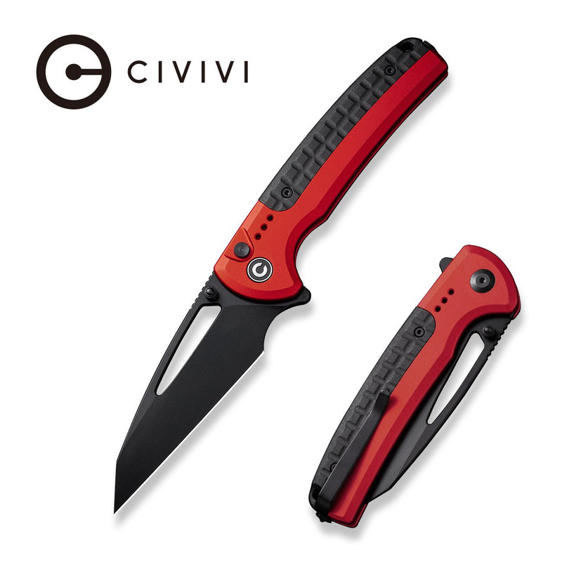 CIVIVI Sentinel Strike Flipper & Button Lock Knife Red Aluminum Handle With Black FRN Integral Spacer (3.7" Black K110 Blade) C22025B-1