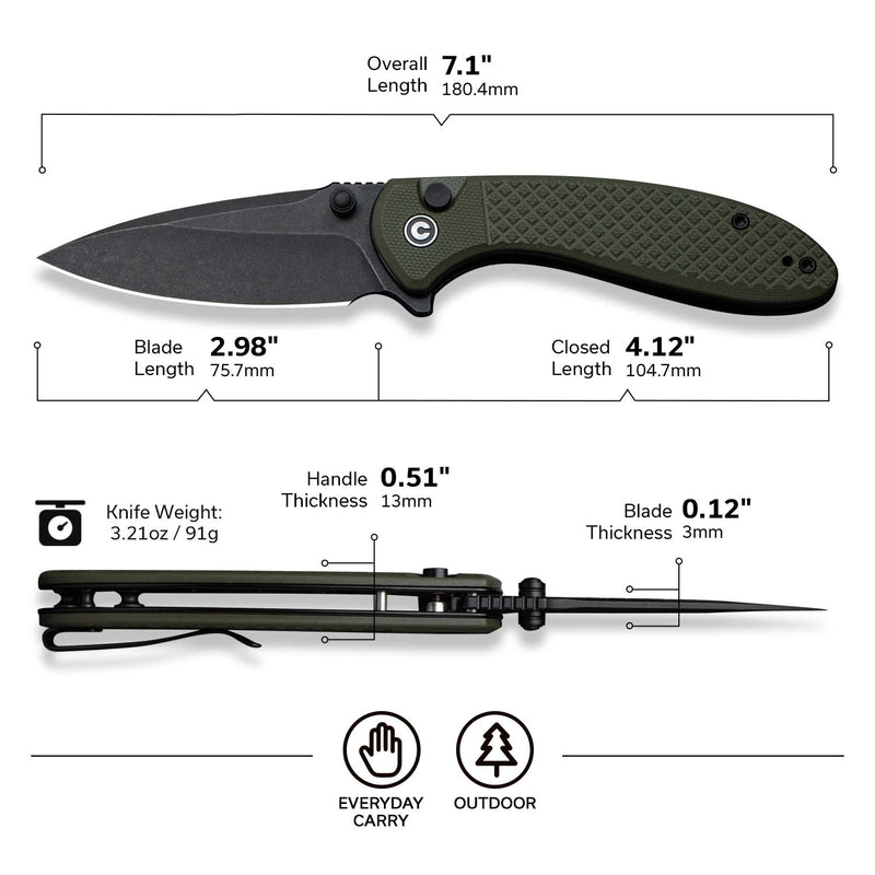 CIVIVI Faeger Flipper & Thumb Stud & Button Lock Knife Milled OD Green G10 Handle (2.98" Black Stonewashed 14C28N Blade) C24031-2