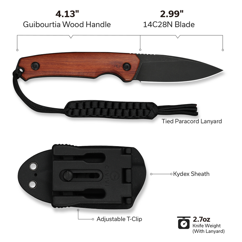 CIVIVI Altus Fixed Blade Knife Guibourtia Wood Handle (2.99