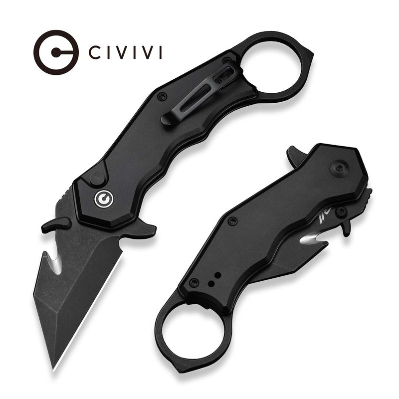 CIVIVI Amaroq Flipper & Thumb Stud & Button Lock Knife Black Aluminum Handle (2.11" Black Stonewashed Nitro - V Blade) C24018 - 2