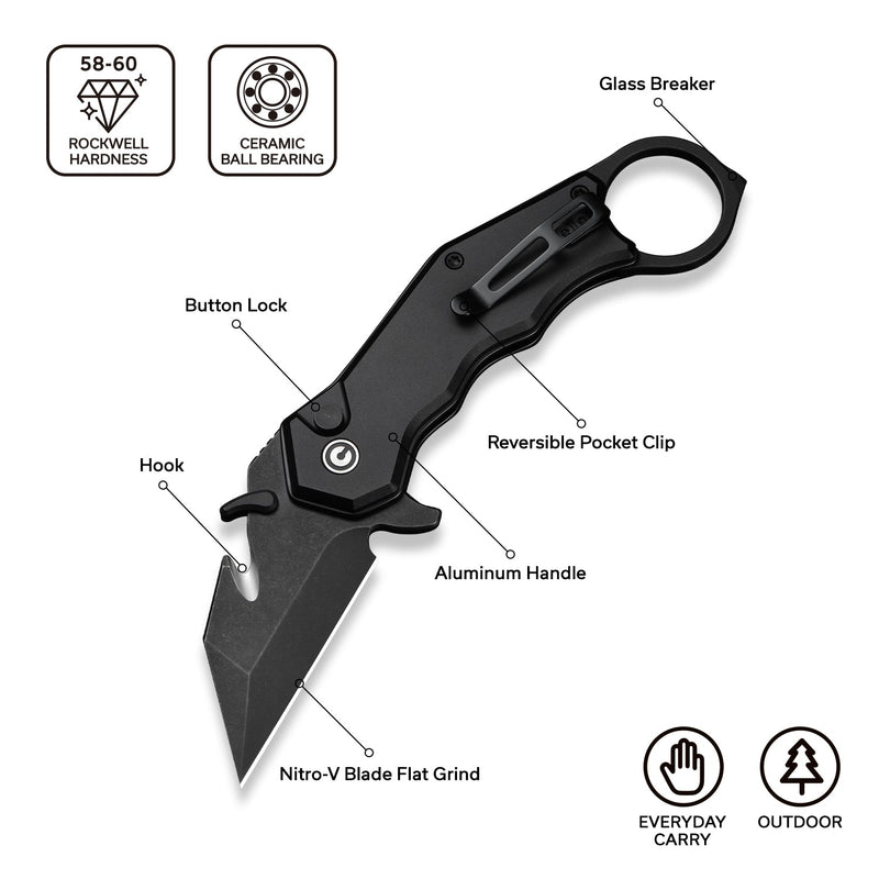 CIVIVI Amaroq Flipper & Thumb Stud & Button Lock Knife Black Aluminum Handle (2.11" Black Stonewashed Nitro - V Blade) C24018 - 2