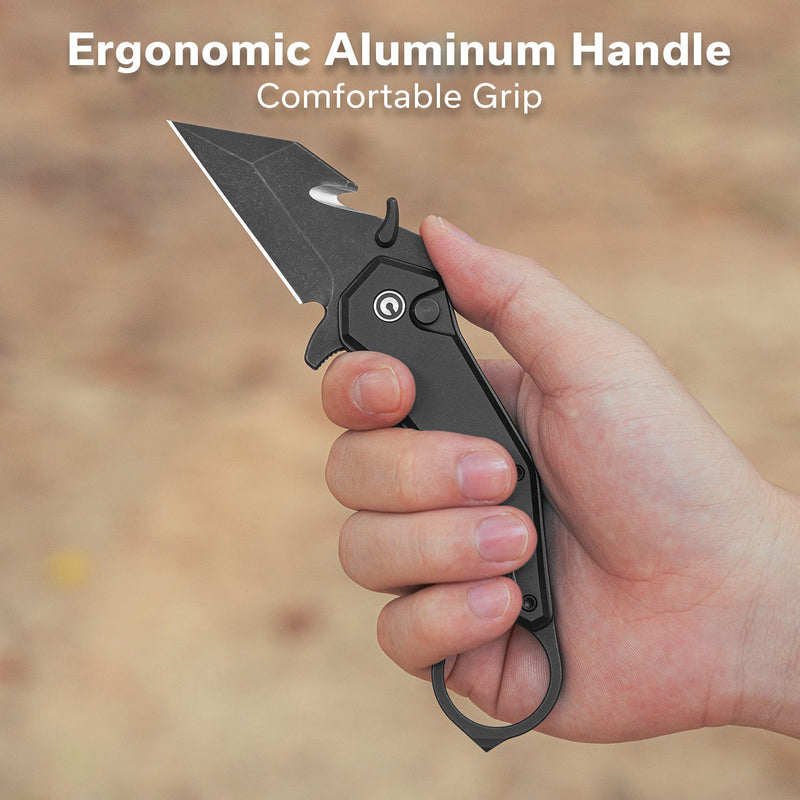 CIVIVI Amaroq Flipper & Thumb Stud & Button Lock Knife Black Aluminum Handle (2.11" Black Stonewashed Nitro - V Blade) C24018 - 2