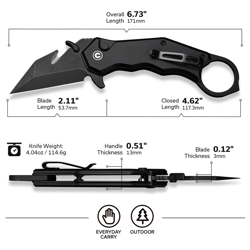 CIVIVI Amaroq Flipper & Thumb Stud & Button Lock Knife Black Aluminum Handle (2.11" Black Stonewashed Nitro - V Blade) C24018 - 2