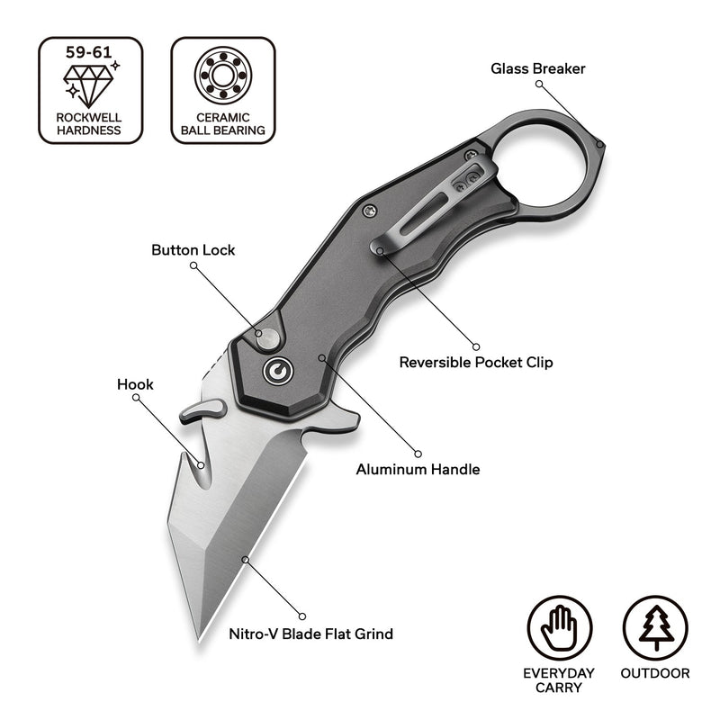 CIVIVI Amaroq Flipper & Thumb Stud & Button Lock Knife Gray Aluminum Handle (2.11" Satin Finished Nitro - V Blade) C24018 - 1