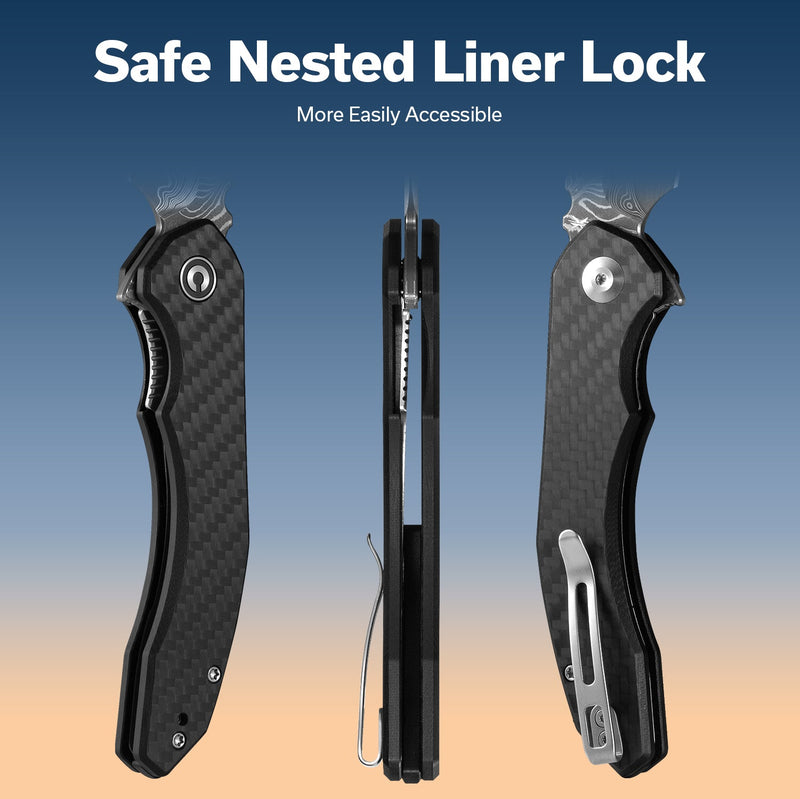 CIVIVI Bluetick Flipper Knife Carbon Fiber Overlay On Black G10 Handle (3.47" Damascus Blade) C23050 - DS2