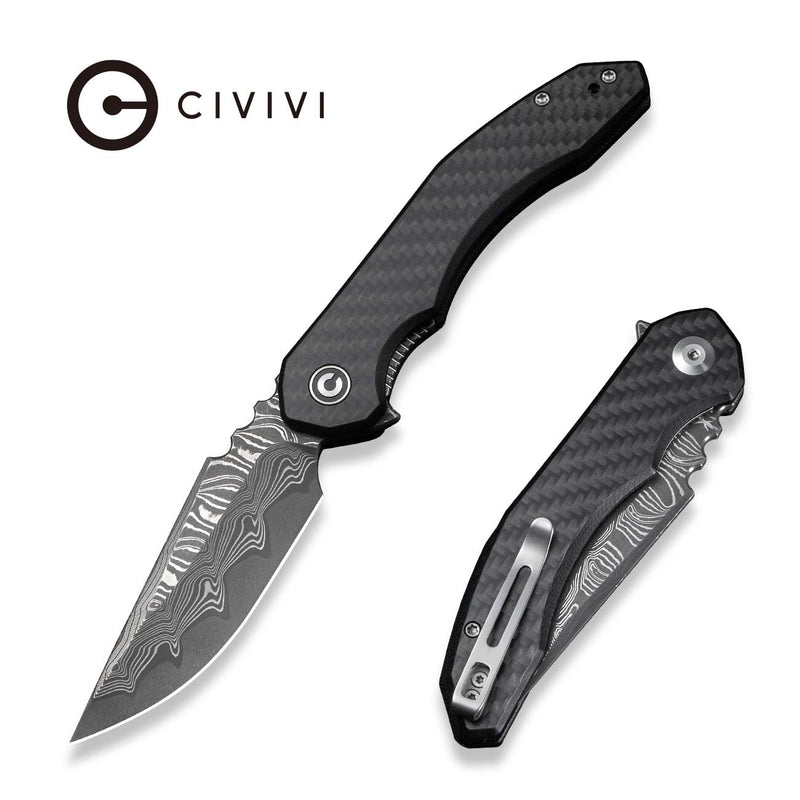 CIVIVI Bluetick Flipper Knife Carbon Fiber Overlay On Black G10 Handle (3.47" Damascus Blade) C23050 - DS2