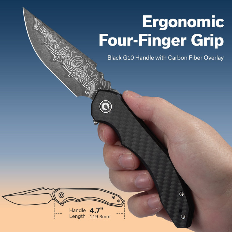CIVIVI Bluetick Flipper Knife Carbon Fiber Overlay On Black G10 Handle (3.47" Damascus Blade) C23050 - DS2