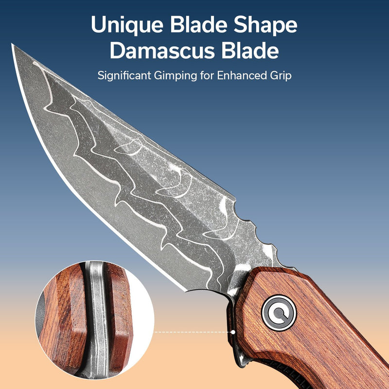 CIVIVI Bluetick Flipper Knife Wood Handle (3.47" Damascus Blade) C23050-DS1, With No Free Gift
