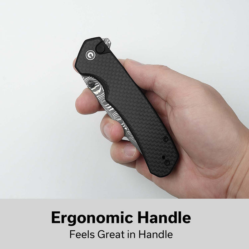 CIVIVI Button Lock Brazen Flipper & Thumb Stud Knife Twill Carbon Fiber Overlay On Black G10 Handle (3.46" Damascus Blade) C19059C - DS1