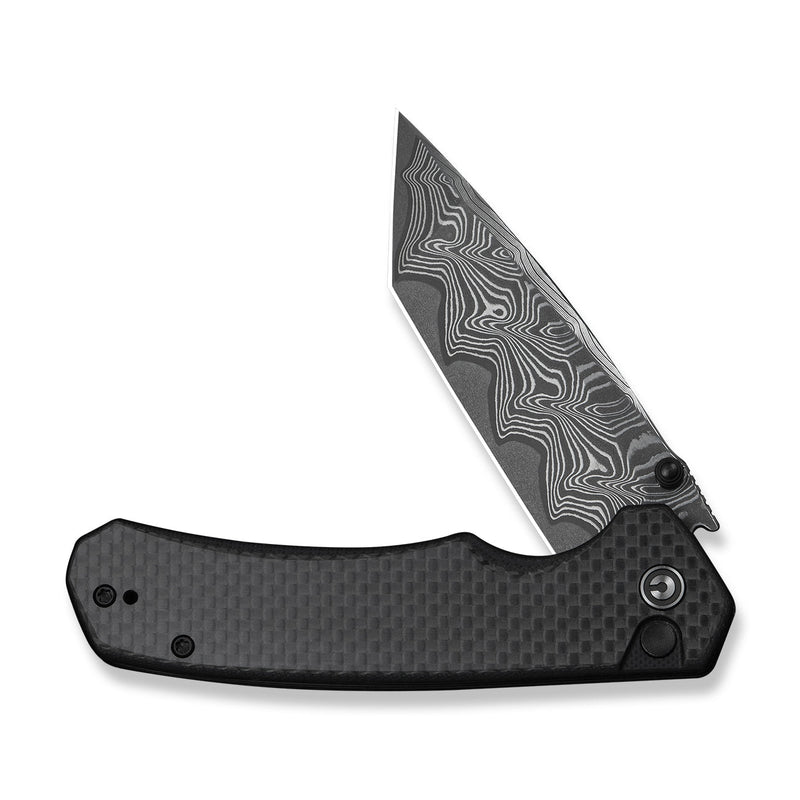 CIVIVI Button Lock Brazen Flipper & Thumb Stud Knife Twill Carbon Fiber Overlay On Black G10 Handle (3.46" Damascus Blade) C19059C - DS1