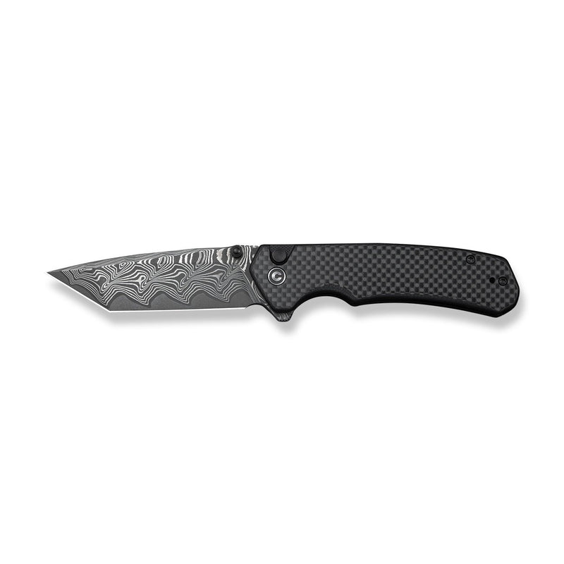 CIVIVI Button Lock Brazen Flipper & Thumb Stud Knife Twill Carbon Fiber Overlay On Black G10 Handle (3.46" Damascus Blade) C19059C - DS1