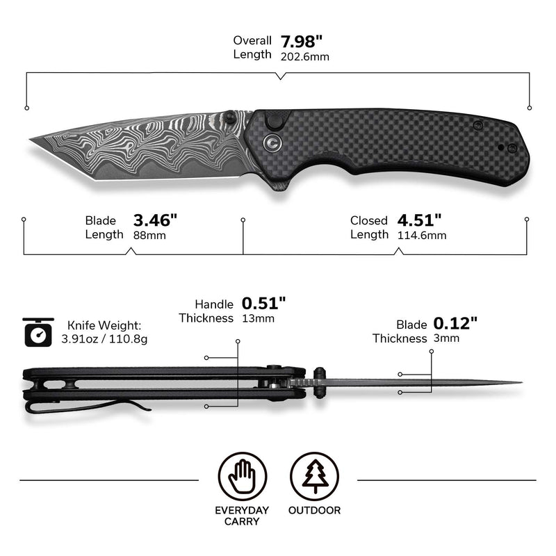 CIVIVI Button Lock Brazen Flipper & Thumb Stud Knife Twill Carbon Fiber Overlay On Black G10 Handle (3.46" Damascus Blade) C19059C - DS1