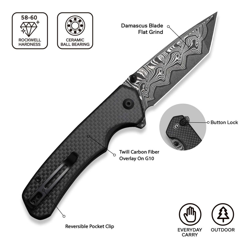 CIVIVI Button Lock Brazen Flipper & Thumb Stud Knife Twill Carbon Fiber Overlay On Black G10 Handle (3.46" Damascus Blade) C19059C - DS1
