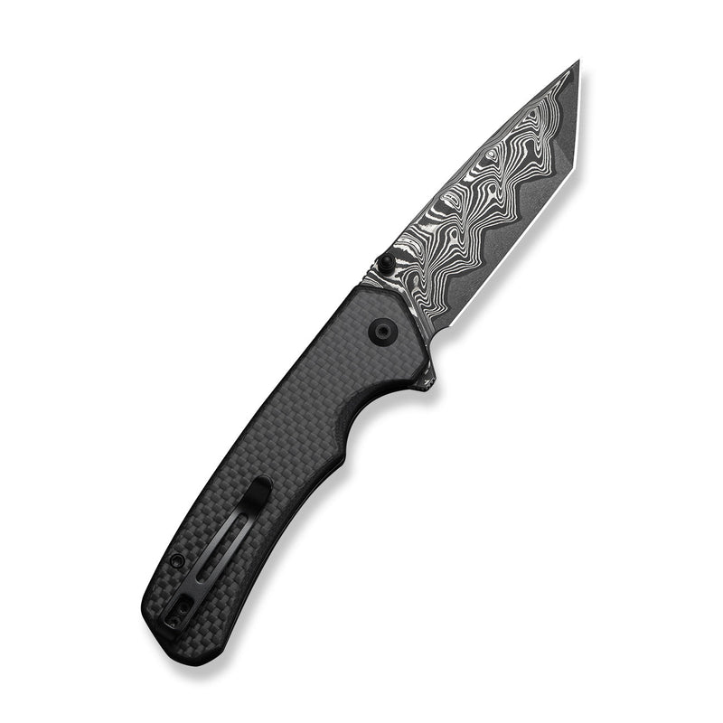 CIVIVI Button Lock Brazen Flipper & Thumb Stud Knife Twill Carbon Fiber Overlay On Black G10 Handle (3.46" Damascus Blade) C19059C - DS1