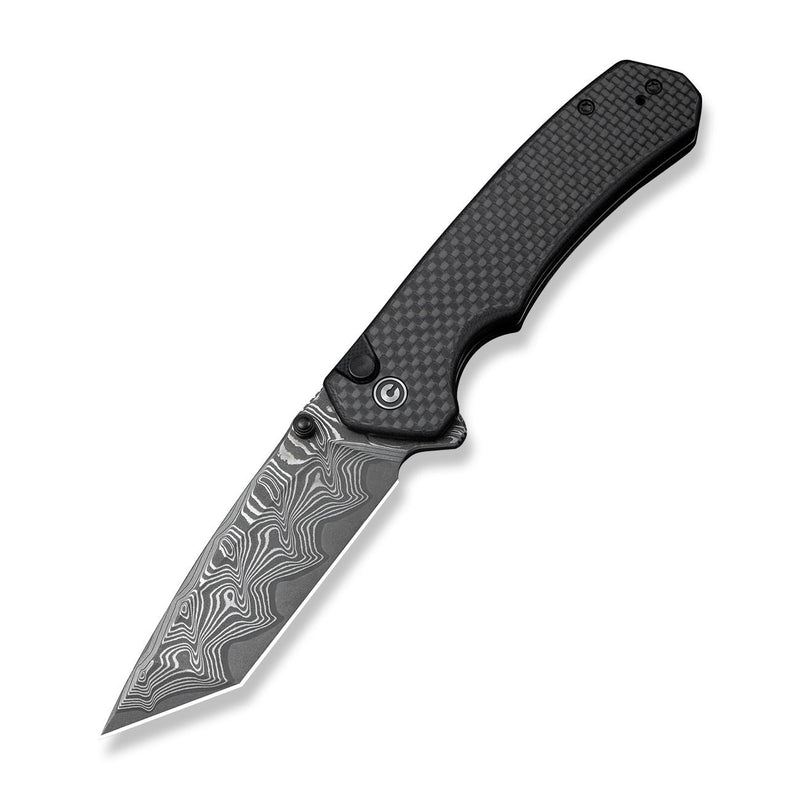 CIVIVI Button Lock Brazen Flipper & Thumb Stud Knife Twill Carbon Fiber Overlay On Black G10 Handle (3.46" Damascus Blade) C19059C - DS1