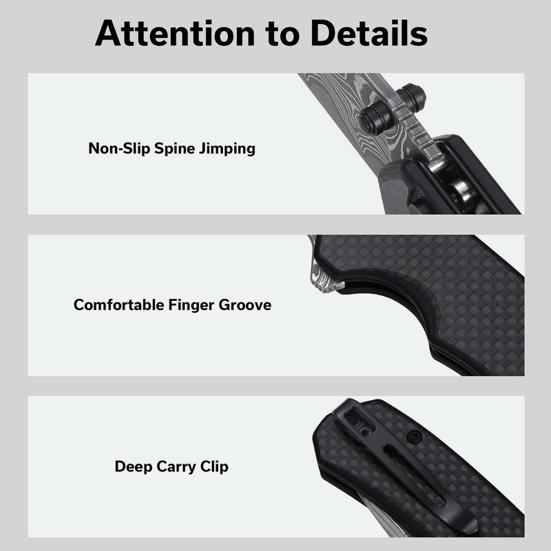 CIVIVI Button Lock Brazen Flipper & Thumb Stud Knife Twill Carbon Fiber Overlay On Black G10 Handle (3.46" Damascus Blade) C19059C - DS1