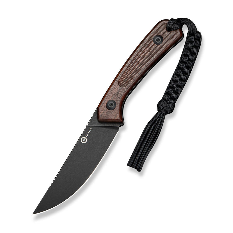 CIVIVI Carveth Fixed Blade Knife Iron Wood Handle (3.59" Black Stonewashed AEB - L Blade) C25040 Sample2, With 1PC Black Lanyard, Black Kydex Sheath & T - Clip