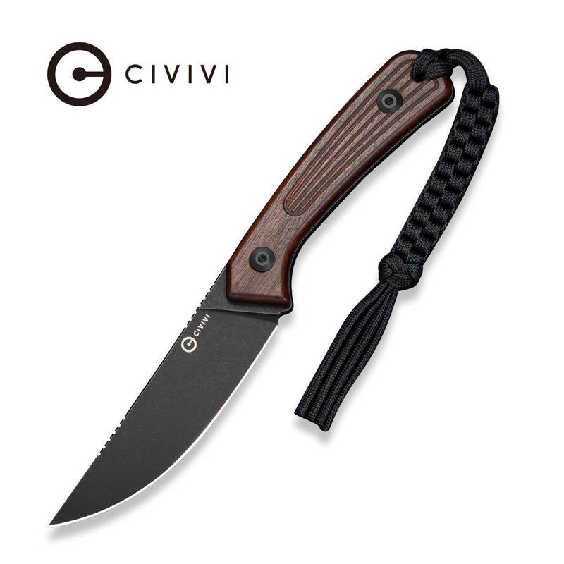 CIVIVI Carveth Fixed Blade Knife Iron Wood Handle (3.59" Black Stonewashed AEB - L Blade) C25040 Sample2, With 1PC Black Lanyard, Black Kydex Sheath & T - Clip