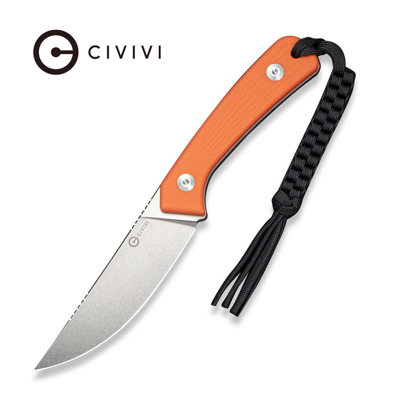 CIVIVI Carveth Fixed Blade Knife Orange G10 Handle (3.59" Stonewashed AEB - L Blade) C25040 Sample1, With 1PC Black Lanyard, Black Kydex Sheath & T - Clip