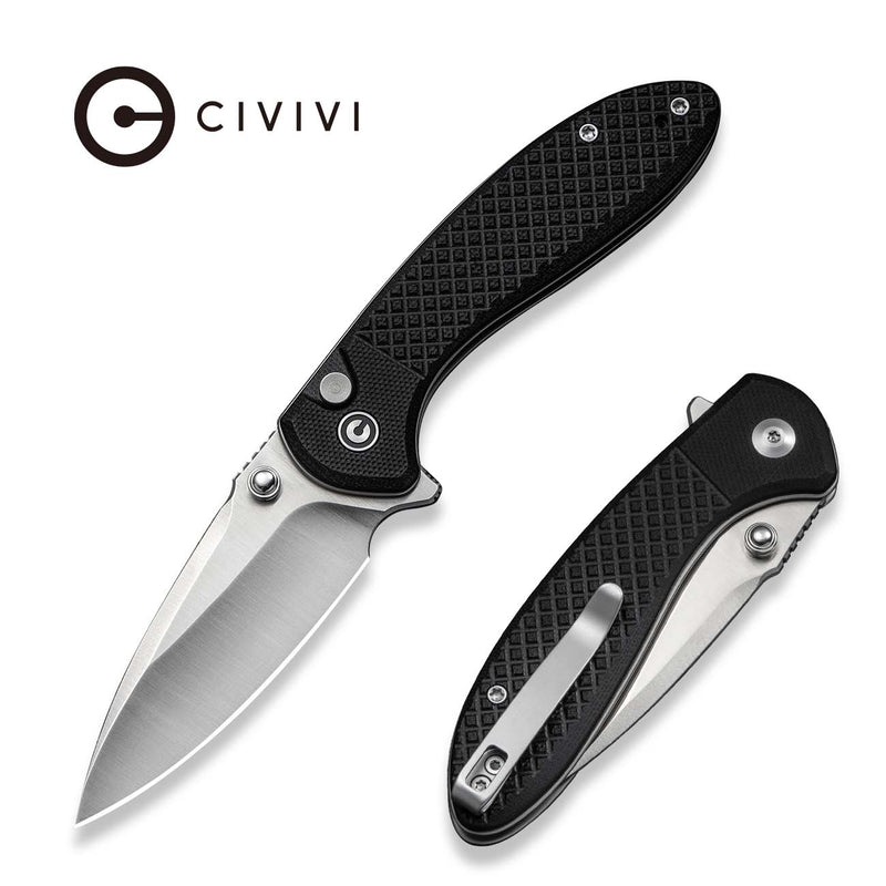 CIVIVI Faeger Flipper & Thumb Stud & Button Lock Knife Milled Black G10 Handle (2.98" Satin Finished 14C28N Blade) C24031 - 1