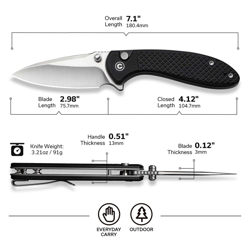 CIVIVI Faeger Flipper & Thumb Stud & Button Lock Knife Milled Black G10 Handle (2.98" Satin Finished 14C28N Blade) C24031 - 1