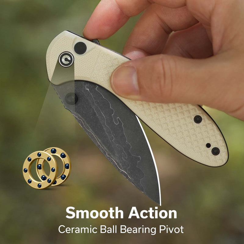 CIVIVI Faeger Flipper & Thumb Stud & Button Lock Knife Milled Ivory G10 Handle (2.98" Damascus Blade) C24031 - DS1