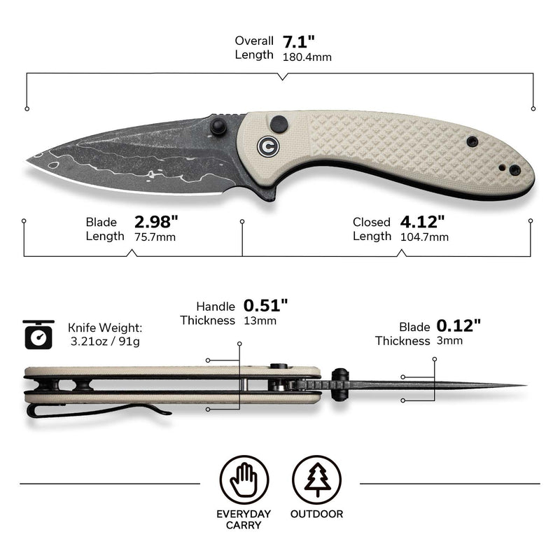 CIVIVI Faeger Flipper & Thumb Stud & Button Lock Knife Milled Ivory G10 Handle (2.98" Damascus Blade) C24031 - DS1