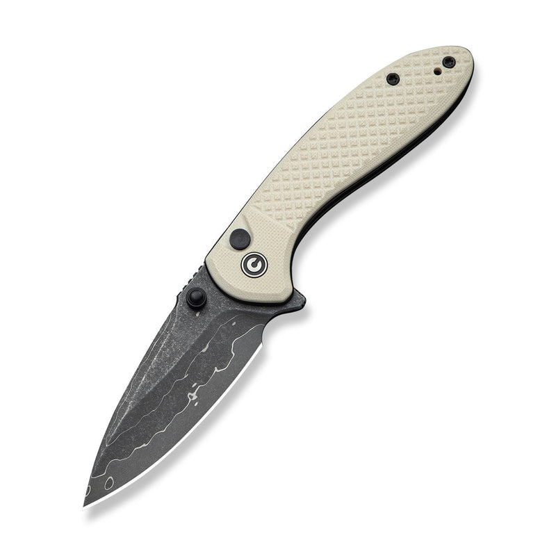CIVIVI Faeger Flipper & Thumb Stud & Button Lock Knife Milled Ivory G10 Handle (2.98" Damascus Blade) C24031 - DS1