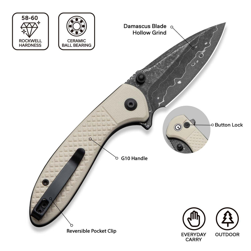 CIVIVI Faeger Flipper & Thumb Stud & Button Lock Knife Milled Ivory G10 Handle (2.98" Damascus Blade) C24031 - DS1