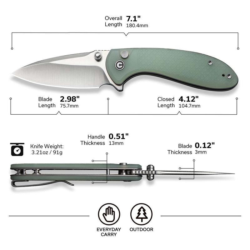 CIVIVI Faeger Flipper & Thumb Stud & Button Lock Knife Milled Natural G10 Handle (2.98" Satin Finished 14C28N Blade) C24031 - 3