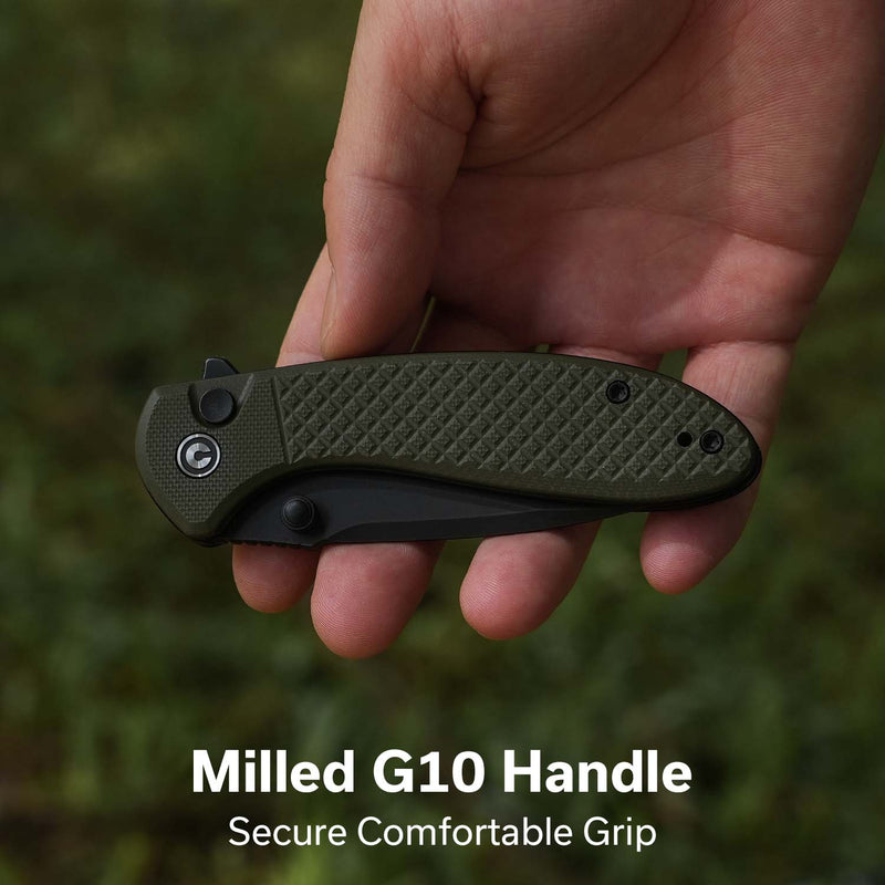 CIVIVI Faeger Flipper & Thumb Stud & Button Lock Knife Milled OD Green G10 Handle (2.98" Black Stonewashed 14C28N Blade) C24031 - 2