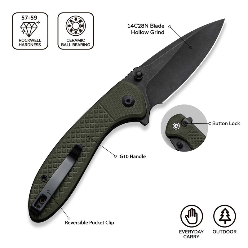 CIVIVI Faeger Flipper & Thumb Stud & Button Lock Knife Milled OD Green G10 Handle (2.98" Black Stonewashed 14C28N Blade) C24031 - 2