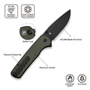CIVIVI Iron Tide Flipper & Thumb Stud & Button Lock Knife Forest Green Aluminum Handle (3.24" Black Stonewashed 14C28N Blade) C25011-2 - CIVIVI
