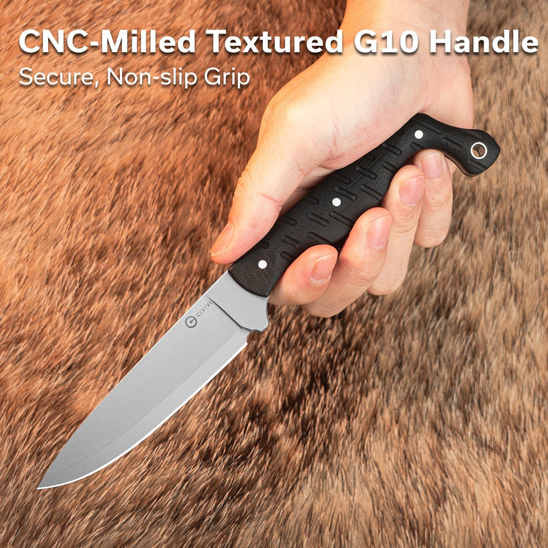 CIVIVI MDRN Hunter Fixed Blade Knife Black G10 Handle (4.12" Stonewashed Nitro - V Blade) C23078 - 1, With 1PC Black Kydex Sheath & 2PCS Black Straps