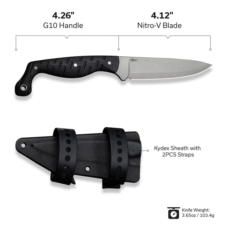 CIVIVI MDRN Hunter Fixed Blade Knife Black G10 Handle (4.12" Stonewashed Nitro - V Blade) C23078 - 1, With 1PC Black Kydex Sheath & 2PCS Black Straps