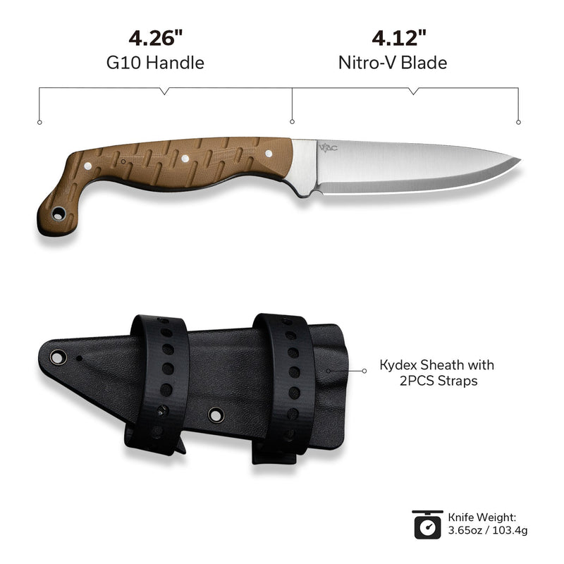 CIVIVI MDRN Hunter Fixed Blade Knife Brown G10 Handle (4.12" Satin Finished Nitro - V Blade) C23078 - 2, With 1PC Black Kydex Sheath & 2PCS Black Straps