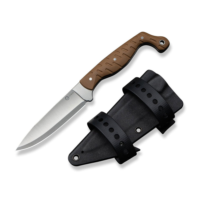 CIVIVI MDRN Hunter Fixed Blade Knife Brown G10 Handle (4.12" Satin Finished Nitro - V Blade) C23078 - 2, With 1PC Black Kydex Sheath & 2PCS Black Straps