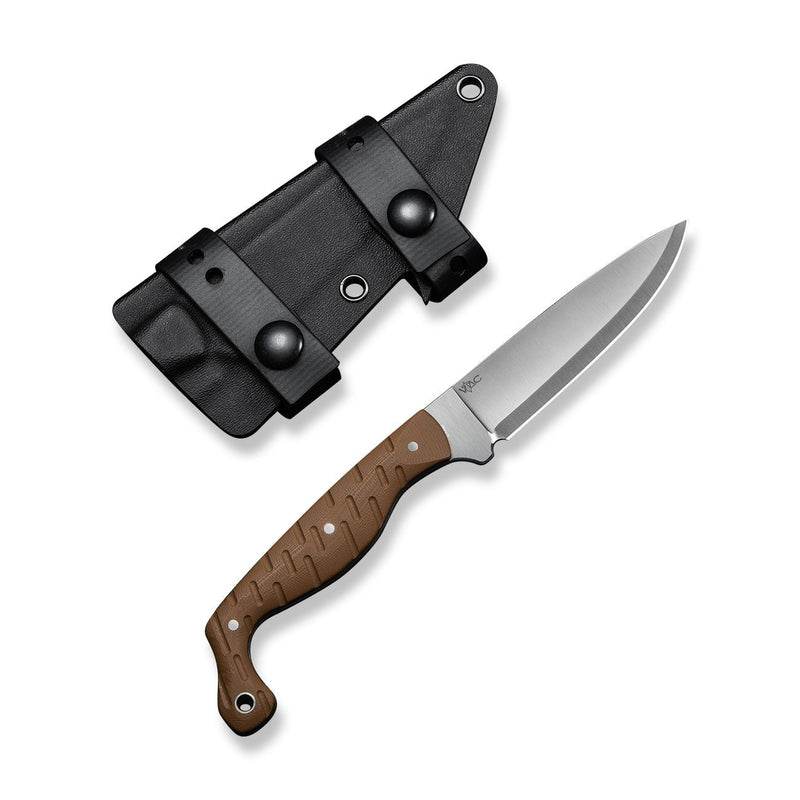 CIVIVI MDRN Hunter Fixed Blade Knife Brown G10 Handle (4.12" Satin Finished Nitro - V Blade) C23078 - 2, With 1PC Black Kydex Sheath & 2PCS Black Straps