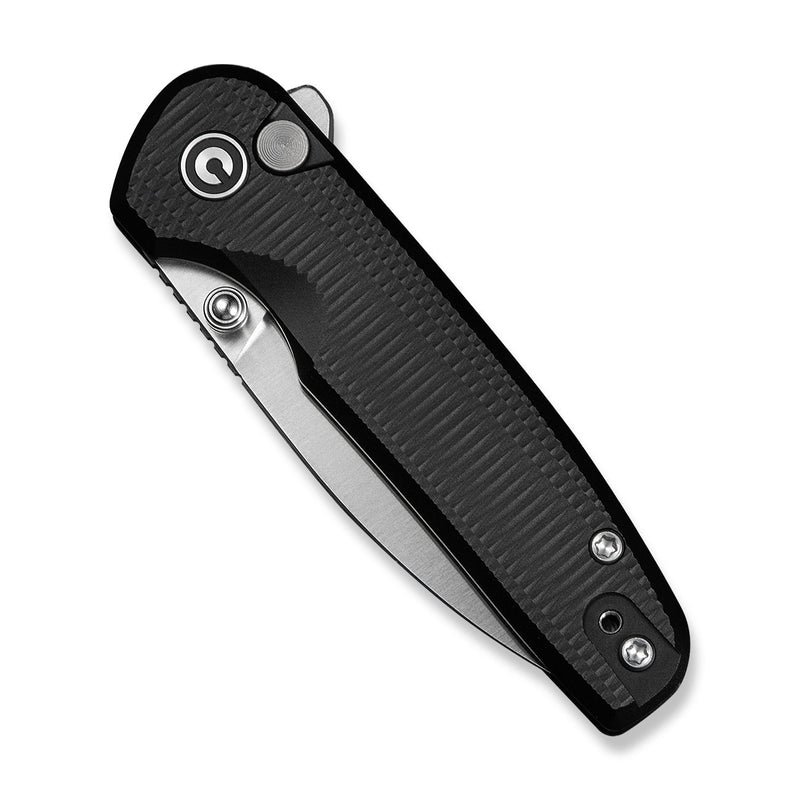 CIVIVI Mini Shakan Flipper & Thumb Stud & Button Lock Knife Ripple Patterned Black Aluminum Handle (2.48" Satin Finished Nitro - V Blade) C20052F - 1