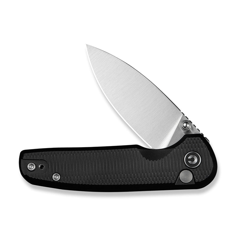 CIVIVI Mini Shakan Flipper & Thumb Stud & Button Lock Knife Ripple Patterned Black Aluminum Handle (2.48" Satin Finished Nitro - V Blade) C20052F - 1
