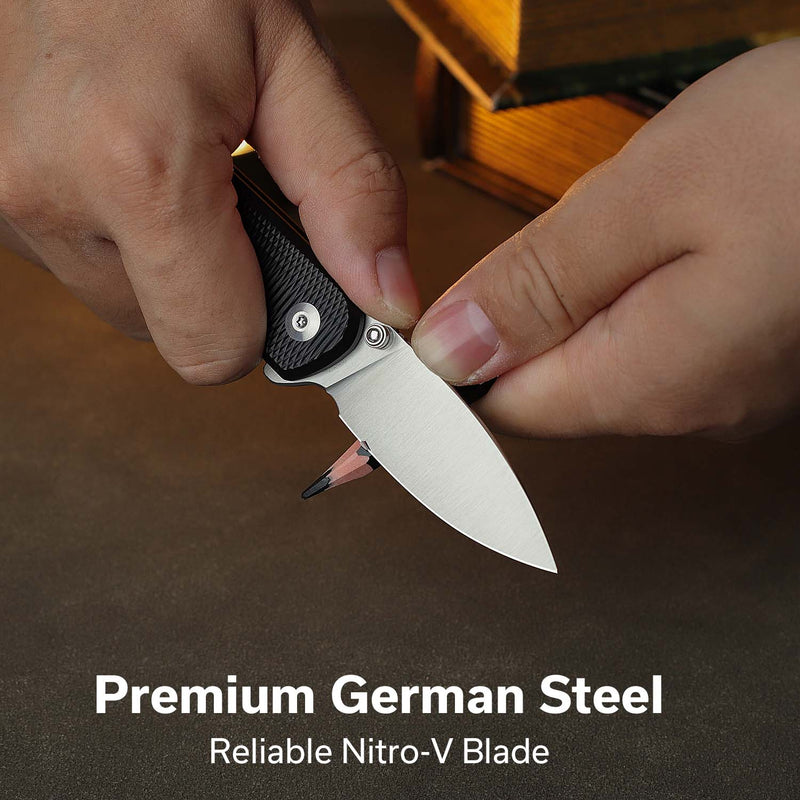 CIVIVI Mini Shakan Flipper & Thumb Stud & Button Lock Knife Ripple Patterned Black Aluminum Handle (2.48" Satin Finished Nitro - V Blade) C20052F - 1