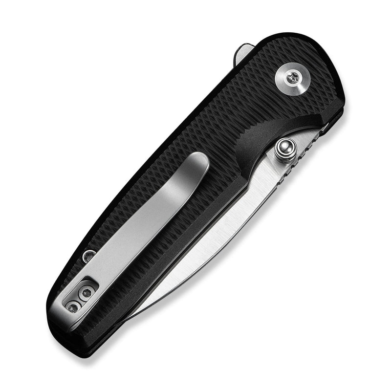 CIVIVI Mini Shakan Flipper & Thumb Stud & Button Lock Knife Ripple Patterned Black Aluminum Handle (2.48" Satin Finished Nitro - V Blade) C20052F - 1