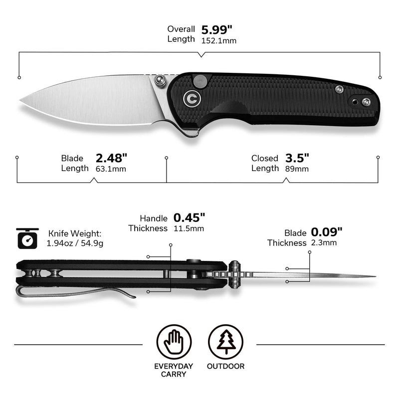 CIVIVI Mini Shakan Flipper & Thumb Stud & Button Lock Knife Ripple Patterned Black Aluminum Handle (2.48" Satin Finished Nitro - V Blade) C20052F - 1