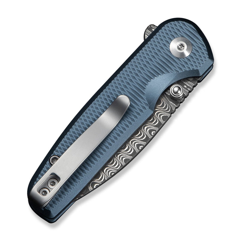 CIVIVI Mini Shakan Flipper & Thumb Stud & Button Lock Knife Ripple Patterned Blue Aluminum Handle (2.48" Damascus Blade) C20052F - DS1