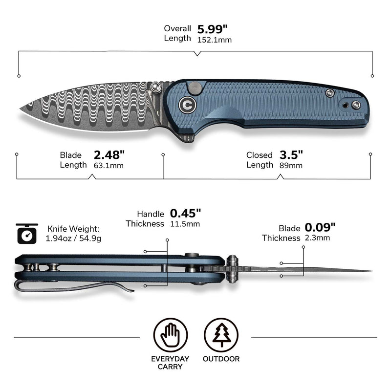 CIVIVI Mini Shakan Flipper & Thumb Stud & Button Lock Knife Ripple Patterned Blue Aluminum Handle (2.48" Damascus Blade) C20052F - DS1