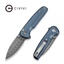 CIVIVI Mini Shakan Flipper & Thumb Stud & Button Lock Knife Ripple Patterned Blue Aluminum Handle (2.48" Damascus Blade) C20052F - DS1