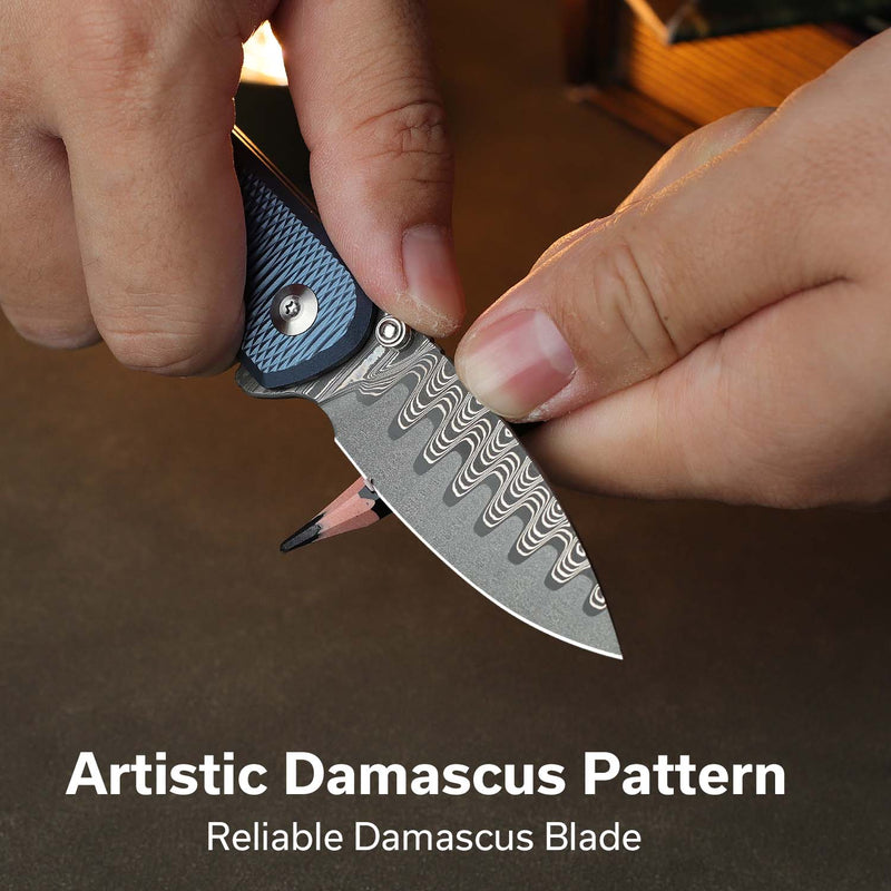 CIVIVI Mini Shakan Flipper & Thumb Stud & Button Lock Knife Ripple Patterned Blue Aluminum Handle (2.48" Damascus Blade) C20052F - DS1