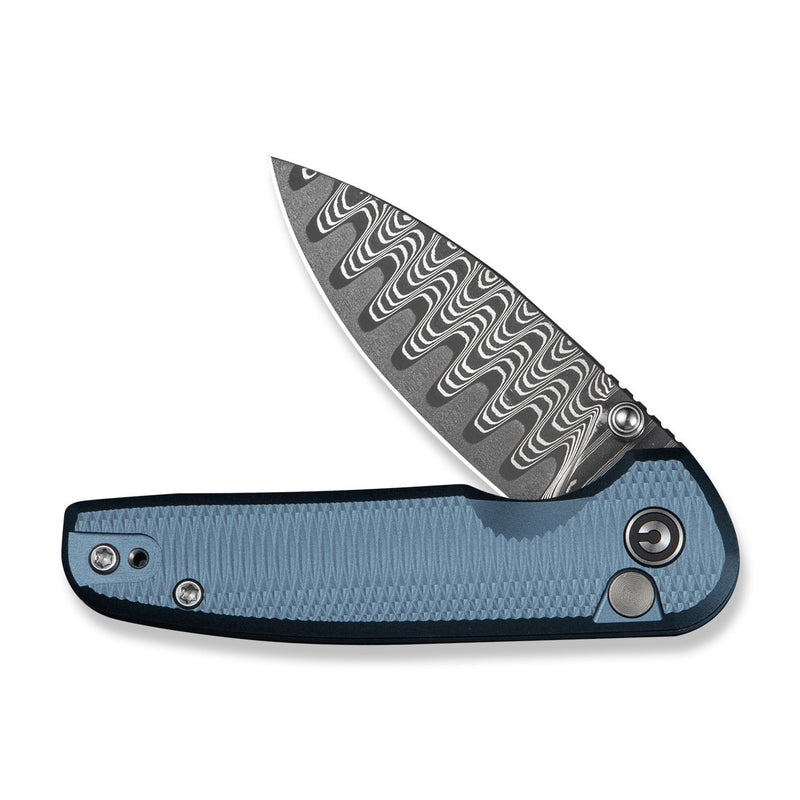 CIVIVI Mini Shakan Flipper & Thumb Stud & Button Lock Knife Ripple Patterned Blue Aluminum Handle (2.48" Damascus Blade) C20052F - DS1