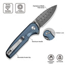 CIVIVI Mini Shakan Flipper & Thumb Stud & Button Lock Knife Ripple Patterned Blue Aluminum Handle (2.48" Damascus Blade) C20052F - DS1